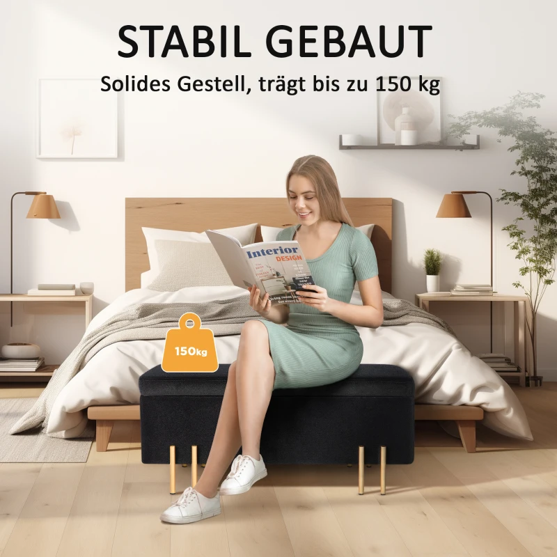 HOMCOM Zitbank, Gestoffeerde Bank met Opbergruimte, Metaal, Rubberhout, Schuimstof, 100 x 40 x 42 cm, Zwart