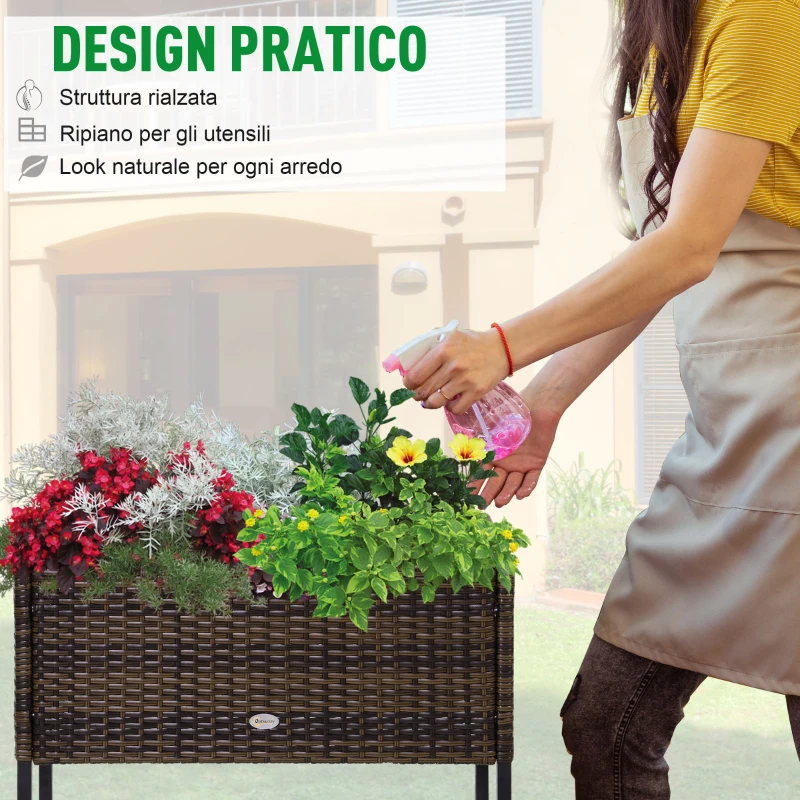 Outsunny Fioriera Effetto Vimini con Ripiano Marrone (70cm x 30cm x 70cm)