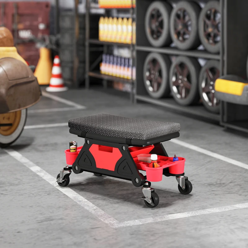 HOMCOM Rolling Mechanic Stool, 135kg Capacity Workshop Stool, 360° Swivel Roller Padded Creeper Seat with Wheels, Slide Out Tool Trays and Drawer for Garage, Shop, Auto Repair, Black