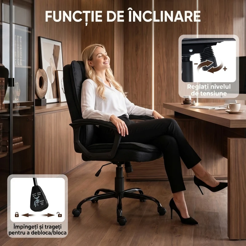 HOMCOM Scaun de Birou Ergonomic din Material Tip In, Înălțime Reglabilă, Funcție de Balansare, 120 kg, Negru