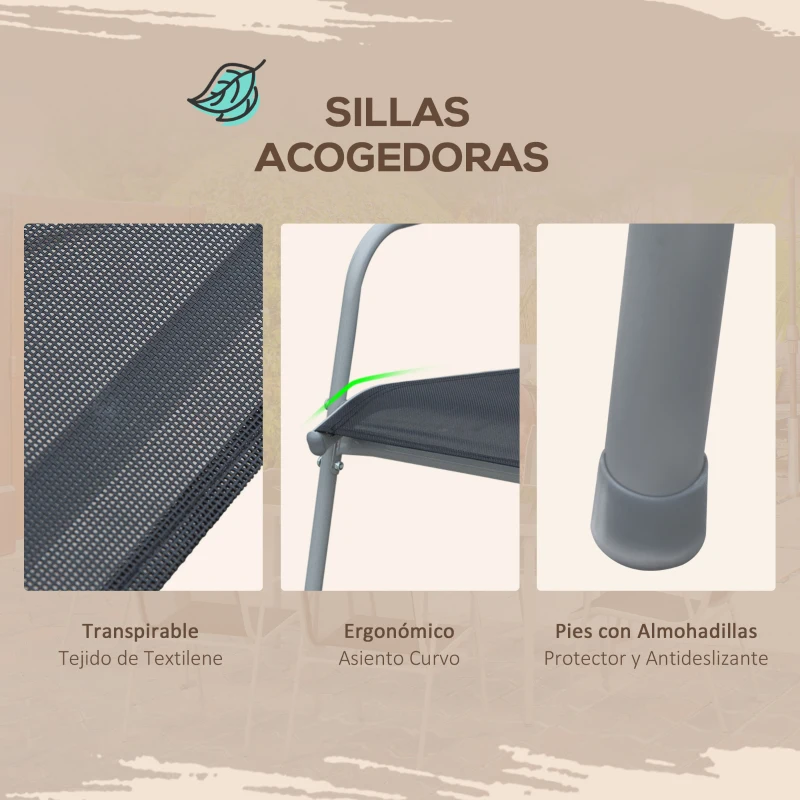 Outsunny Conjunto de Muebles Exterior para Jardín de 7 Piezas Incluye 1 Mesa y 6 Sillas Apilables con Reposabrazos 150x90x72cm Negro
