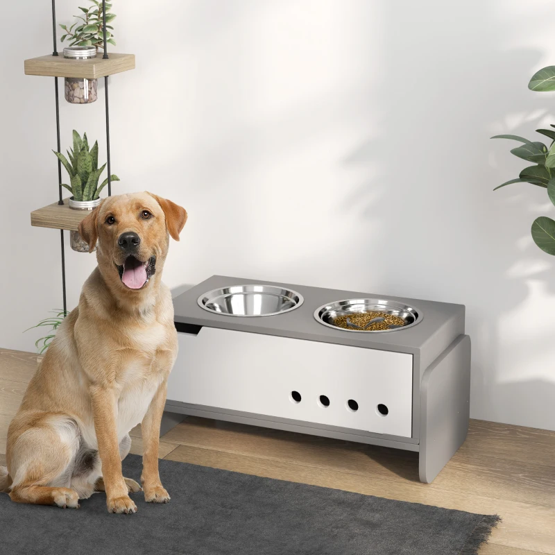 PawHut Verhoogd voerstation voor honden, met opbergruimte en anti-schrokmat, 2 x 2000 ml roestvrijstalen kom, grijs