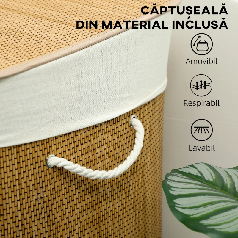 HOMCOM Coș pentru Rufe din Bambus cu Capac, 144L, 3 Compartimente, Sac Detașabil și Lavabil, Mânere, Maro