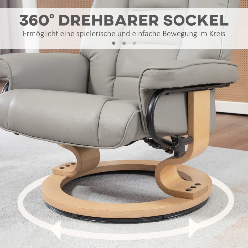 HOMCOM Relaxfauteuil met Voetenbankje, Draaibaar & Kantelbaar, Kunstlederen Bekleding, tot 150 kg, Houten Frame, Grijs