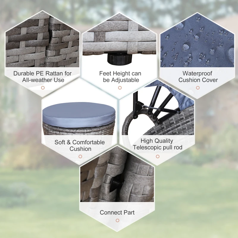 Outsunny Outdoor PE Rattan Garden Furniture with Cushioned, Patio Wicker Conversation Furniture Set, Round Daybed with Retractable Canopy, Coffee Table and Three Pillows, Grey/Blue Grey