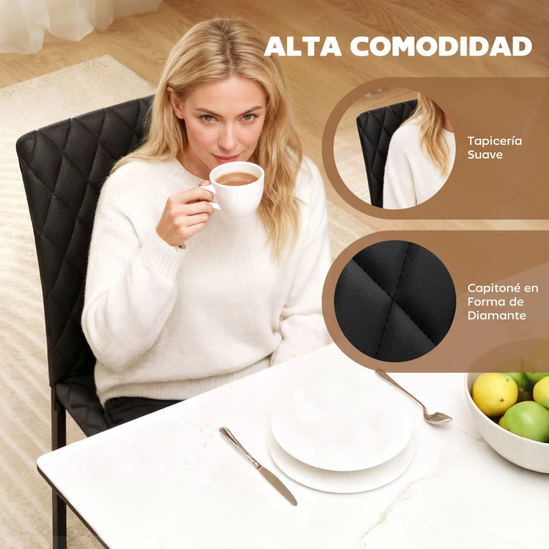 HOMCOM Pack de 4 Sillas de Comedor con Respaldo Alto Tapizadas en Cuero Sintético Patas de Acero Negro
