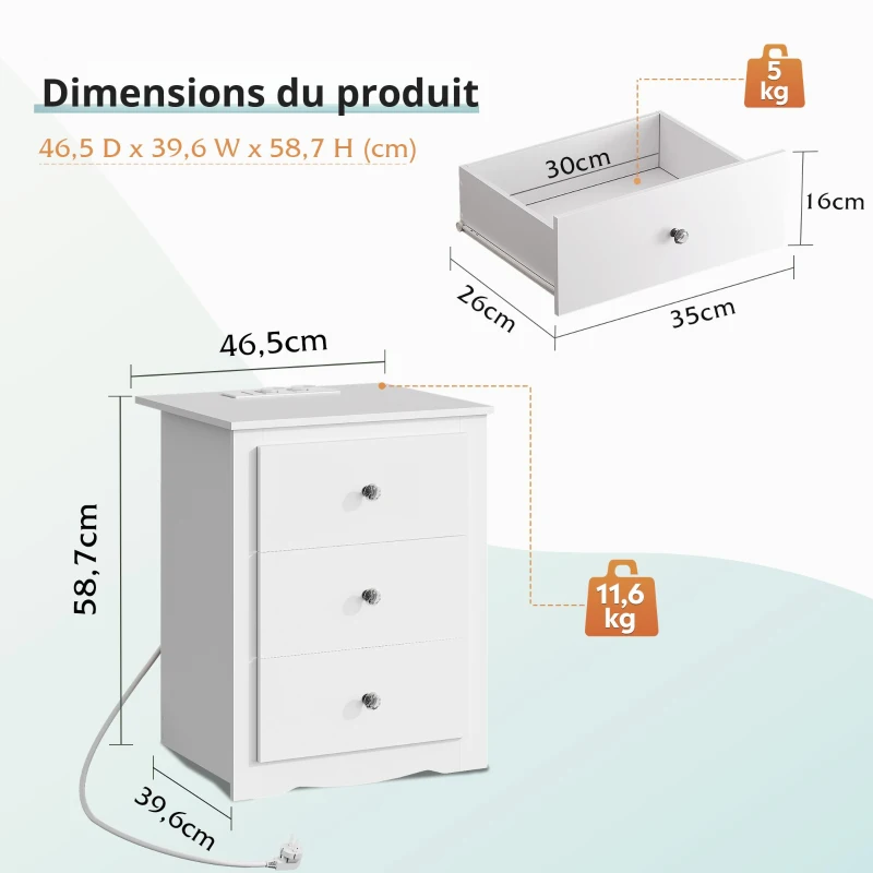 Table de chevet avec 3 tiroirs, station de charge intégrée, design rustique moderne, 46,5x39,6x58,7 cm, blanc