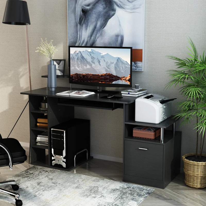HOMCOM Mesa de Escritorio con 6 Estantes Cajón Bandeja de Teclado y Soportes para Monitor Impresora 152x60x88 cm Negro