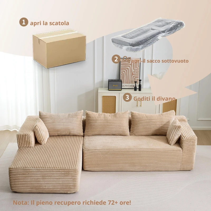 Divano angolare modulare a L con chaiselongue, design minimalista salvaspazio, seduta profonda, 279x179x83 cm, Beige