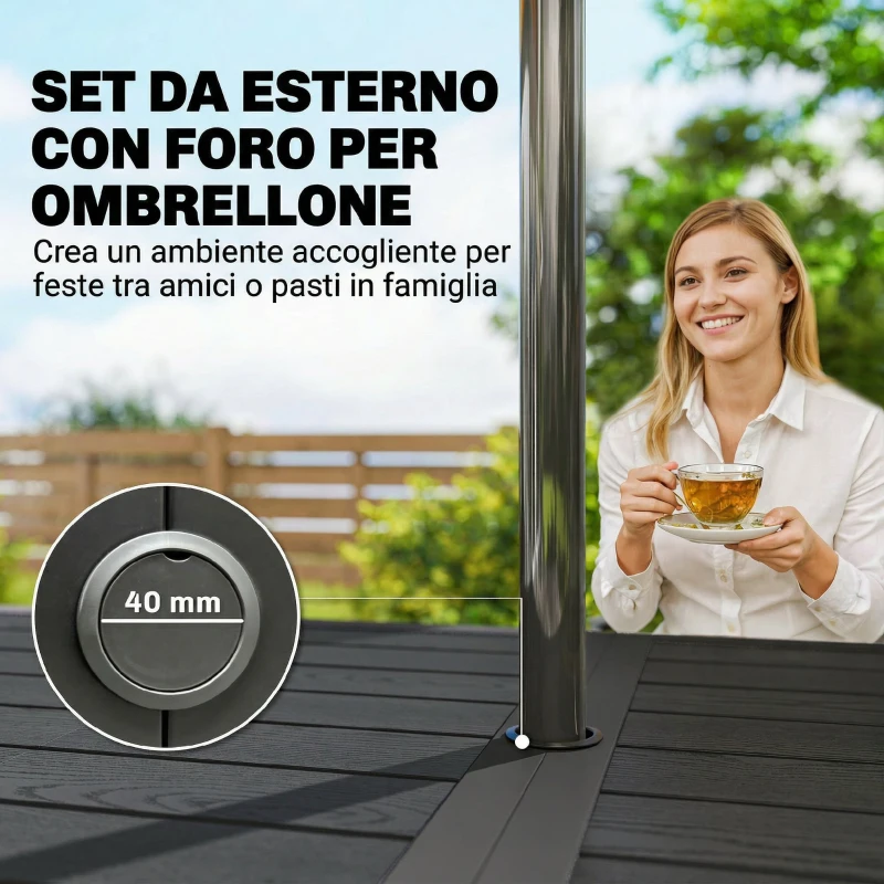Outsunny Set da Pranzo Esterno 6 Persone, Tavolo e Sedie con Foro Ombrellone, Nero