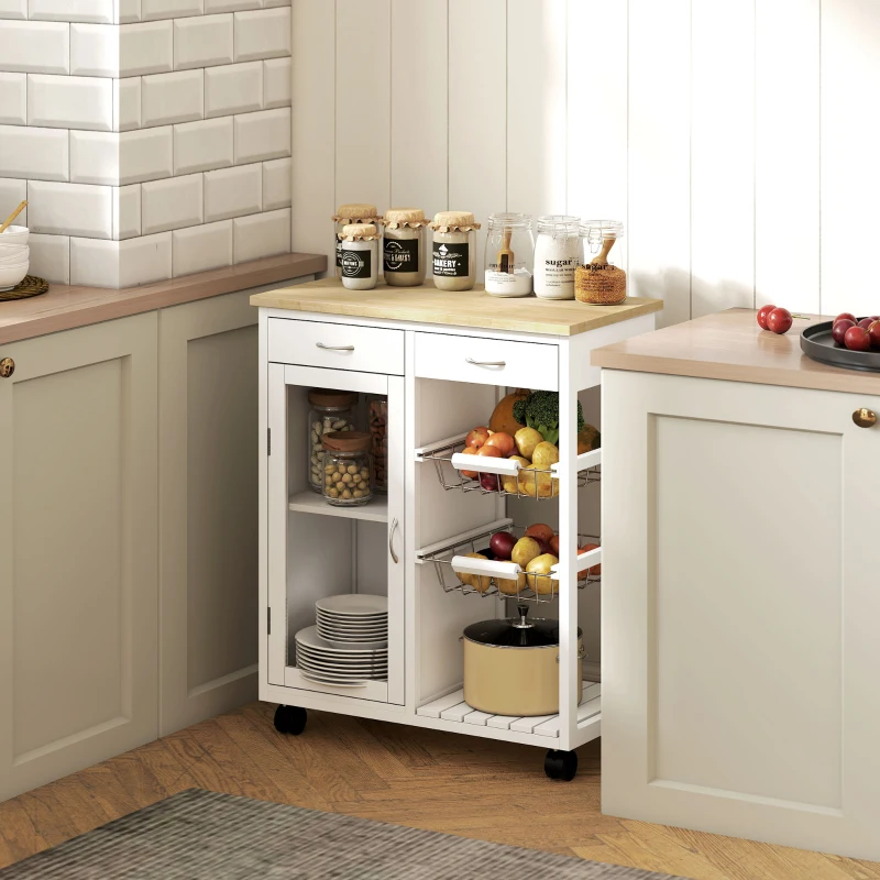 HOMCOM Carrello da Cucina in Bambù con 2 Cassetti, Armadietto, Ripiano e 2 Cestini in Acciaio, 67x35x80 cm, Bianco