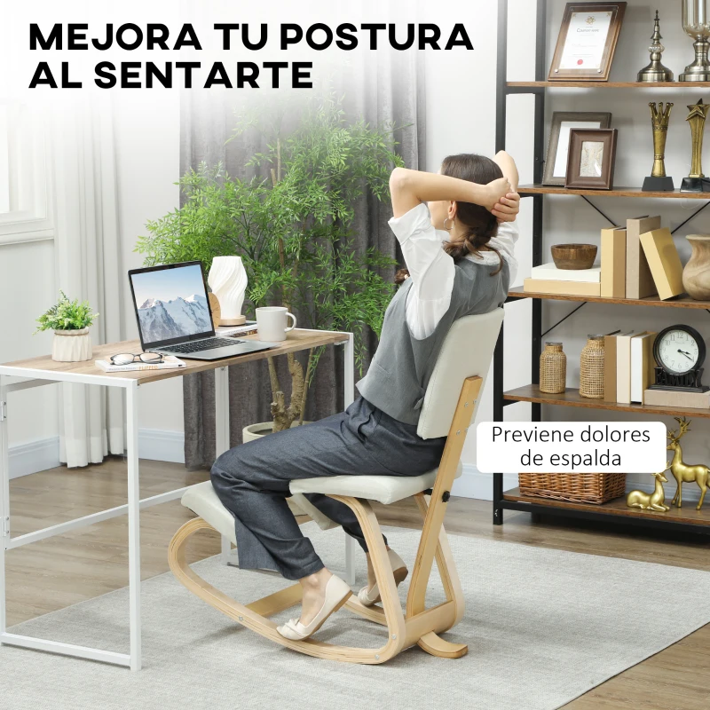 HOMCOM Silla Ergonómica de Rodillas con Respaldo Cojines Acolchados Marco de Madera para una Mejor Postura Oficina Crema