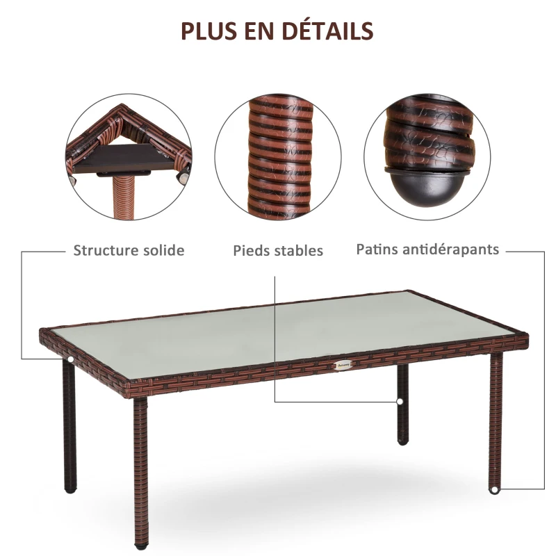 Outsunny Table basse de jardin plateau verre trempé 5 mm résine tressée imitation rotin marron