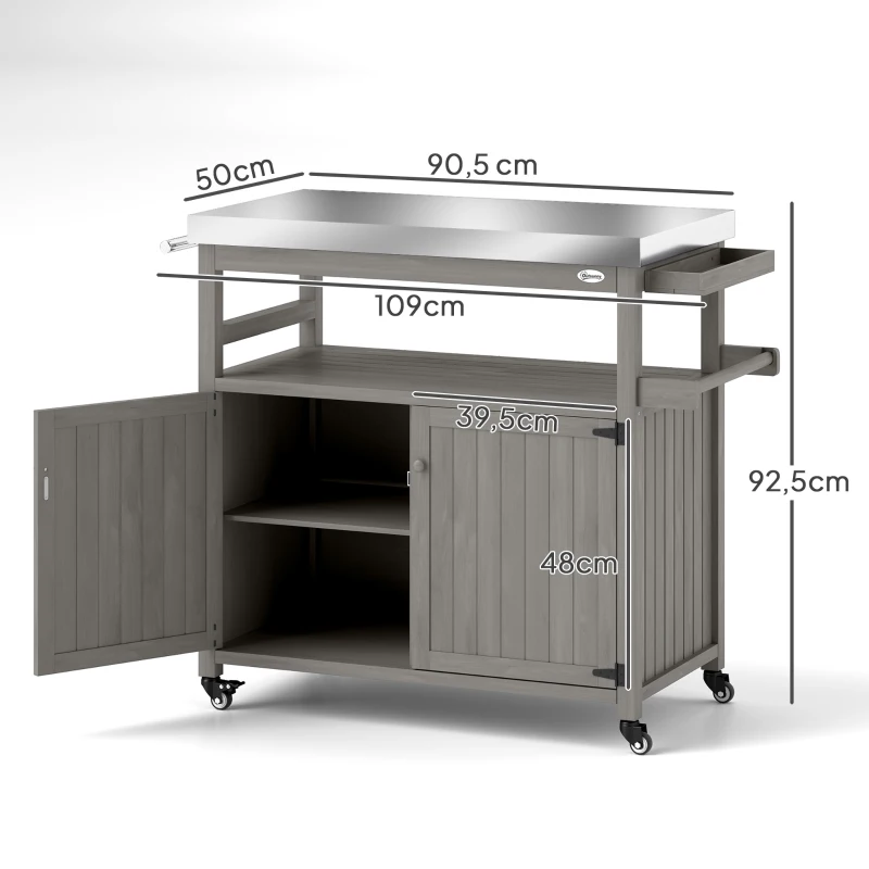 Outsunny Buitenkeukeneiland, Grillwagen met Kast en Rekken, Houten en Roestvrij Stalen Keukenwagen met Wielen, Grijs