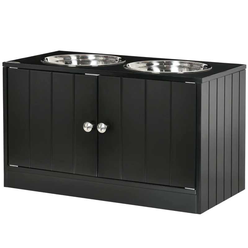 PawHut Verhoogd voerstation met 2 RVS kommen en 44 L opbergruimte, magnetische deuren, voor grote honden, zwart(m-10)