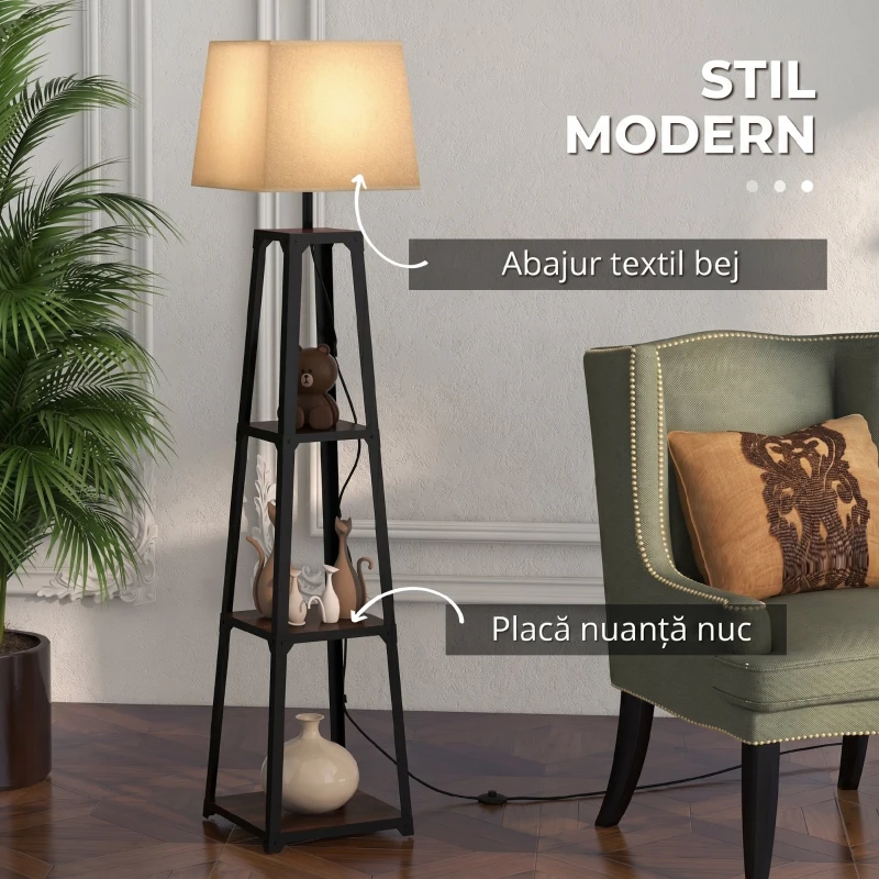 HOMCOM Lampă de Podea din Metal și MDF cu 3 Rafturi și Abajur din Material Textil, Ø42x166 cm, Negru și Bej