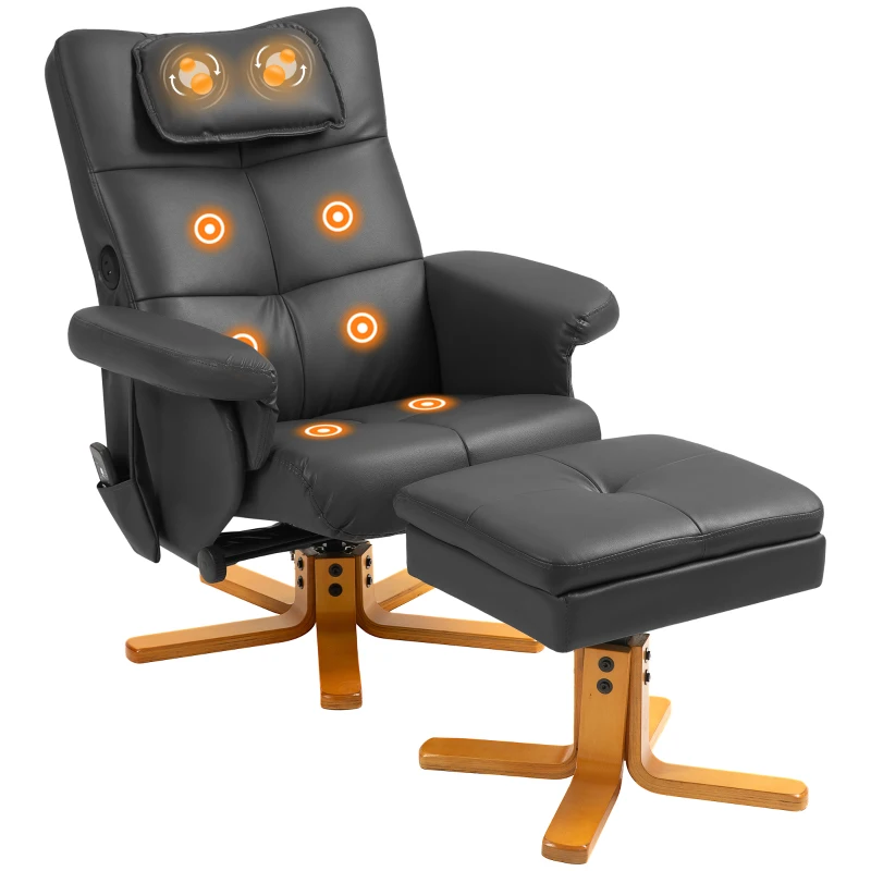 HOMCOM Relaxfauteuil met voetenbank, 360° draaibare loungestoel met kneed- en vibratiemassage, ligfunctie, massagestoel met USB- en USB-C-aansluitingen, zijvak, kunstleer zwart