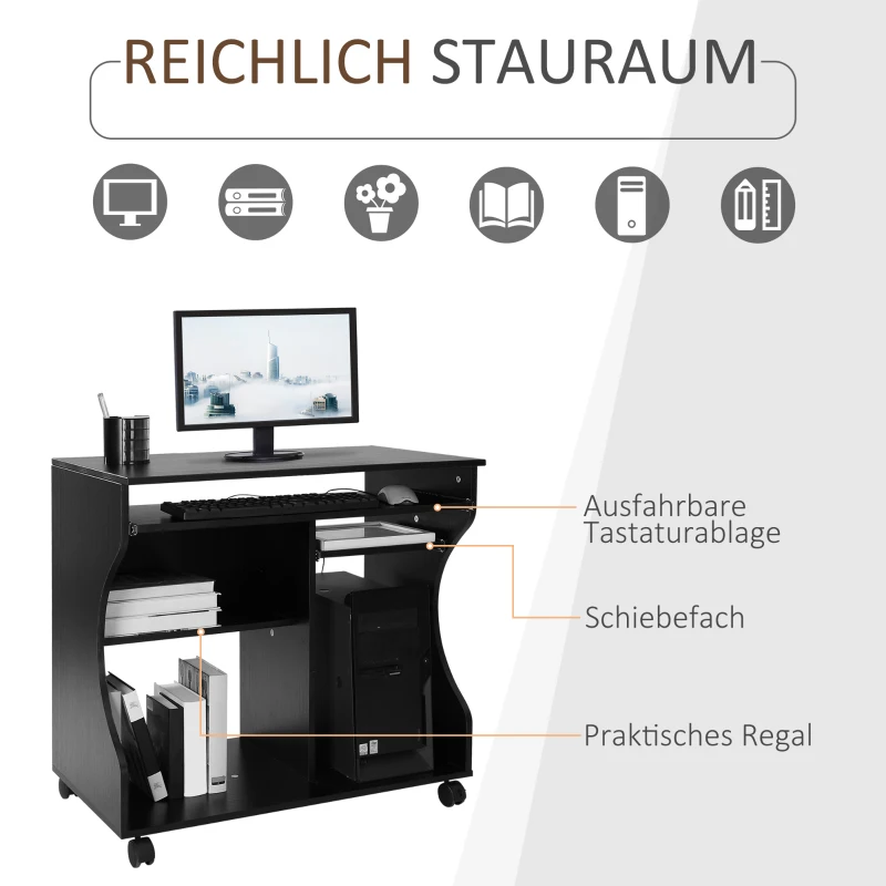 HOMCOM Mobiel rolbaar bureau zwart computerbureau tafel werktafel met aflegvlak