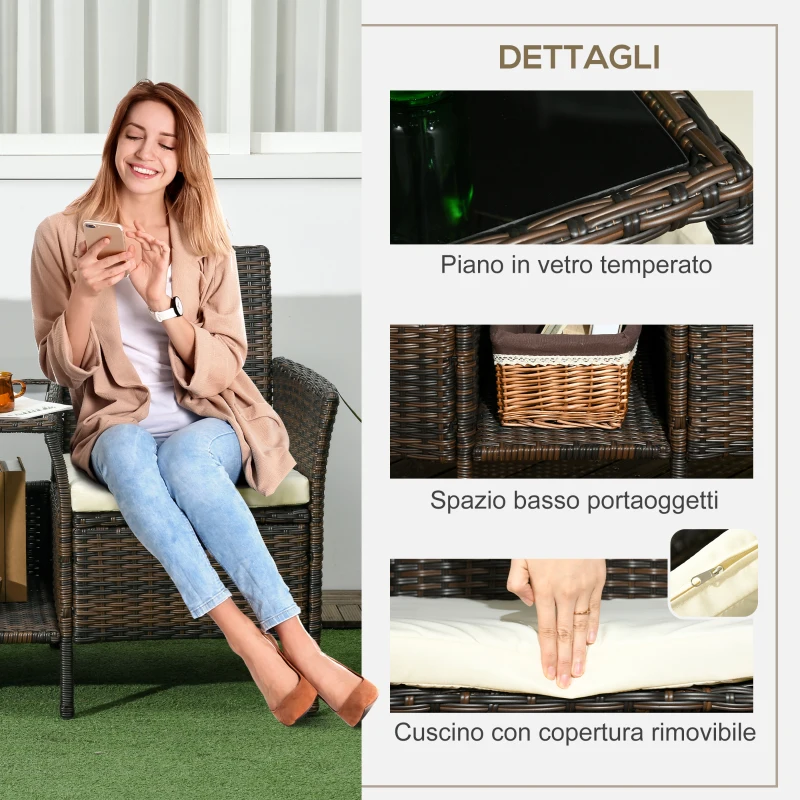 Outsunny Set da Giardino in Rattan con 2 Sedie Moderne e Tavolino da Caffè, 138x60x87 cm, Marrone