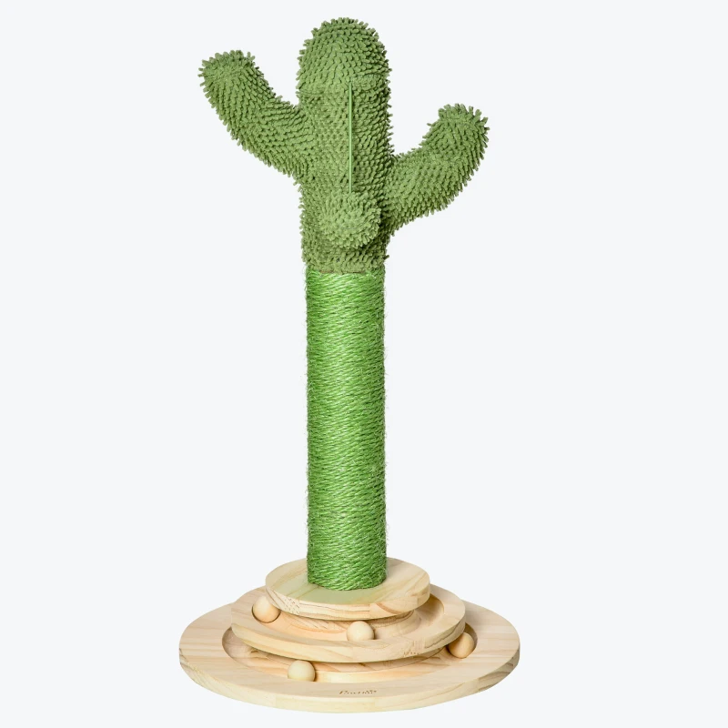 PawHut katten krabpaal cactus kattenboom grenenhout sisaltouw krabpaal met houten ballen speelgoed voor katten 60 cm hoog groen + naturel