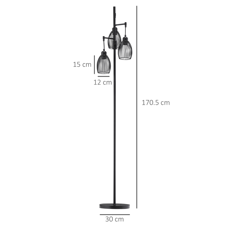 HOMCOM Lampadar Industrial cu 3 Abajururi și Intensitate Reglabilă, din Oțel, 30x30x170,5 cm, Negru