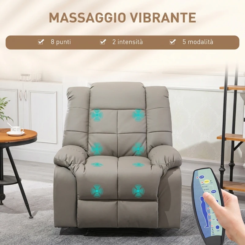 HOMCOM Poltrona Relax con 8 Punti Massaggio e Reclinazione a 165° in Finta Pelle, Grigio