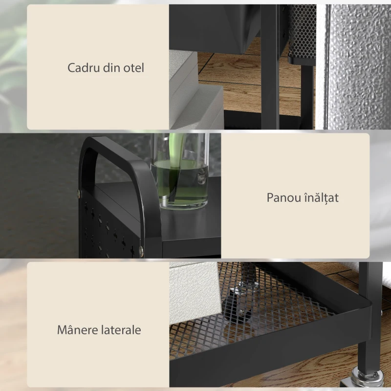HOMCOM Servantă de bucătărie cu coș, sertar extensibil și 3 cârlige, din PP și metal, 61x32.6x58.5 cm, negru