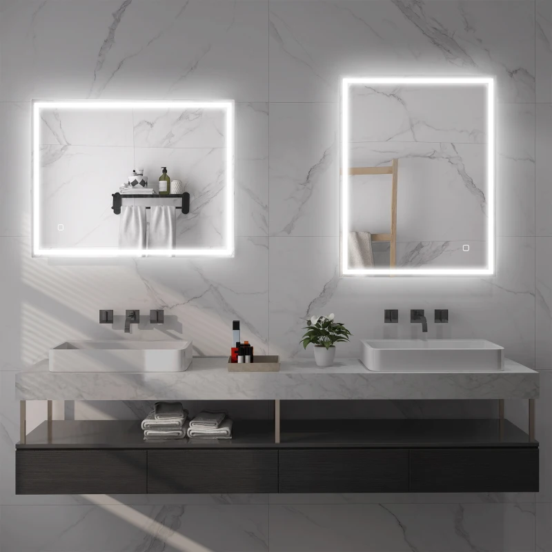 HOMCOM Badkamerspiegel met LED Verlichting 90x70 cm Wandspiegel met Memory-Functie en 3 Lichtkleuren Zilver(m-9)