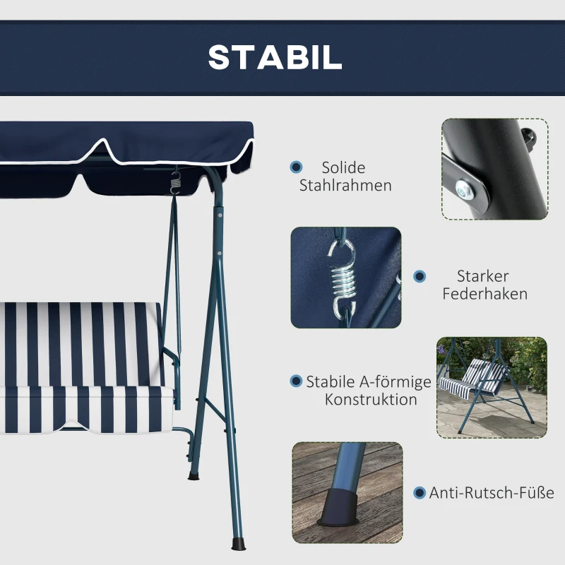 Outsunny Hollywood schommel tuinschommel 3-zits, weerbestendig, verstelbaar dak, 172 x 110 x 153, blauw