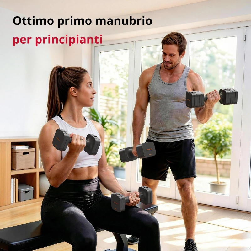Set di manubri regolabile 5‑in‑1 (2 pezzi), Dual‑Lock, impugnatura morbida in TPU, 29,5x24,5x13 cm, Grigio