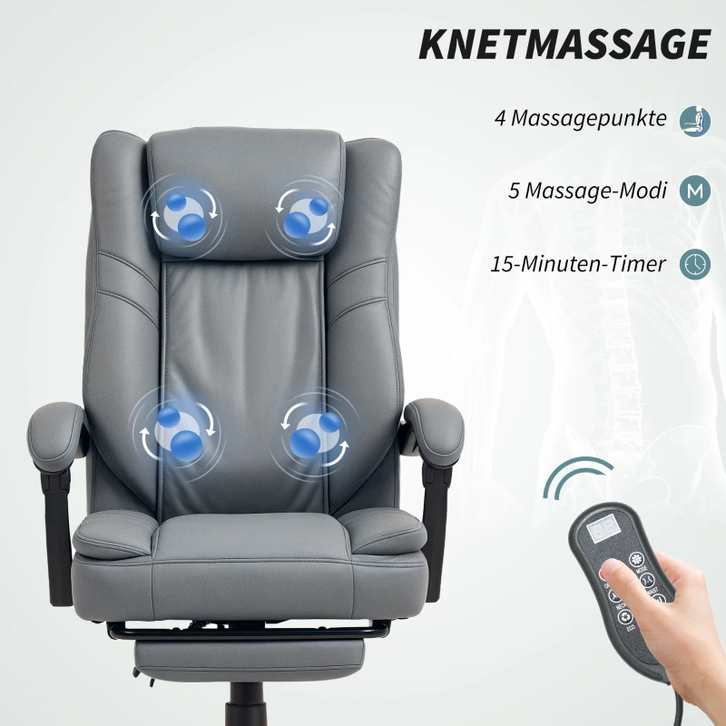 HOMCOM Bureaustoel met Massagefunctie, In Hoogte Verstelbare Bureaustoel met Kantelbare Rugleuning, Gestoffeerd, Met Wielen, Grijs