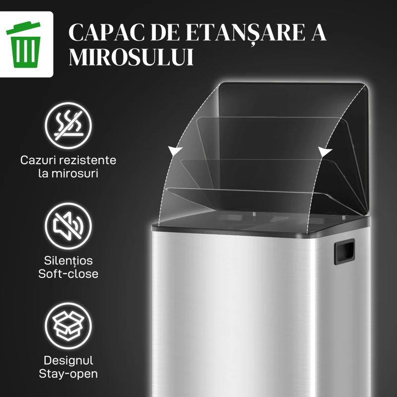 HOMCOM Coș de gunoi cu 2 compartimente de 30L cu pedală și capac silențios, din oțel inoxidabil și PP, 47.7x37.5x66.8 cm