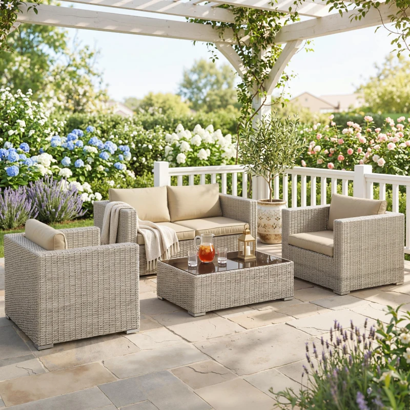 Outsunny Set 4 Pz Salotto da Esterni in Rattan con 1 Divano, 2 Poltrone e 1 Tavolino, Kaki e Beige