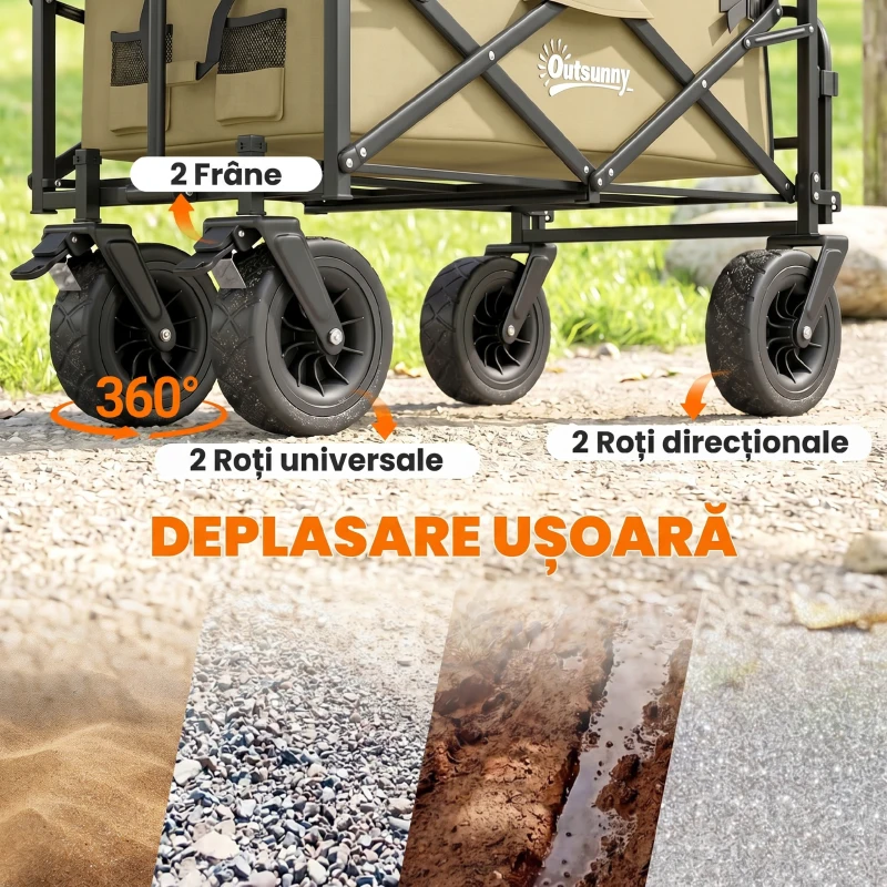 Outsunny Cărucior de grădină 110L cu mâner telescopic și bază rabatabilă din oțel și material textil Oxford, culoare kaki