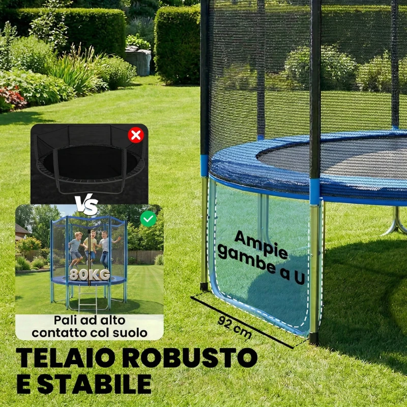 SPORTNOW Trampolino Elastico da Giardino Ø183x200 cm con Rete di Protezione e Scala, in Acciaio e PP, Blu