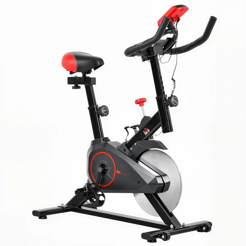 HOMCOM Vélo d'appartement vélo de Fitness avec écran LCD multifonctions capteur de fréquence cardiaque selle et guidon réglables poids volant inertie 6 Kg acier noir et rouge(m-12)
