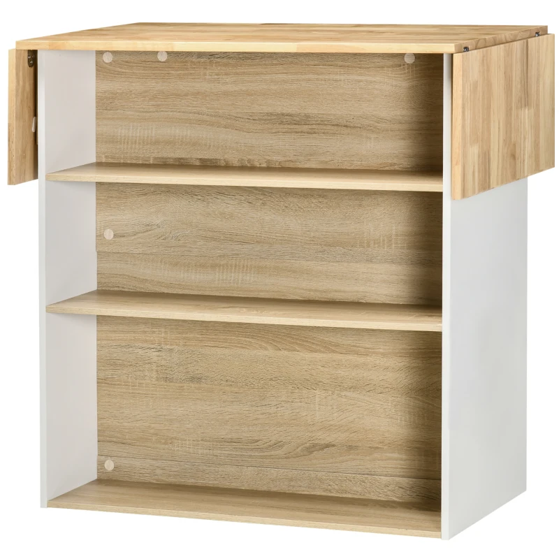 HOMCOM Ilot central cuisine meuble de rangement cuisine de service avec plan de travail rabattable en bois de caoutchouc et 2 étagères - 140 x 55 x 91 cm