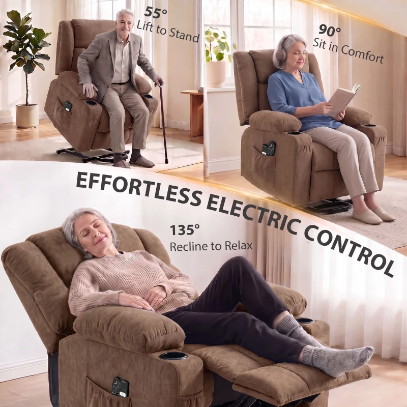 HOMCOM Dual Motor Recliner Chair, 55° Electric Lift Chair for Elderly, Recliner Armchair with Massage and Heat, Brown