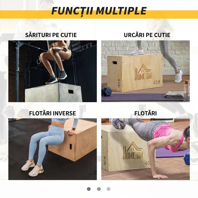 HOMCOM Box Jump cu 3 înălțimi reglabile pentru acasă și sală, din lemn de fag, 45x40x60 cm