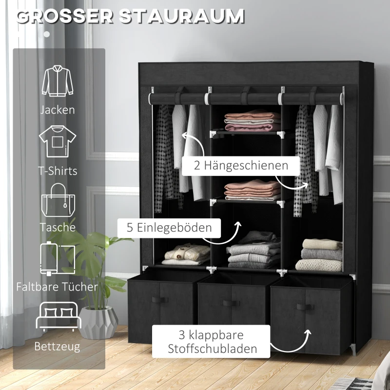 HOMCOM Stoffen Kledingkast met Vlies, Opvouwbare Kast, inclusief 3 Laden, 125 cm x 43 cm x 162,5 cm, Zwart(m-4)