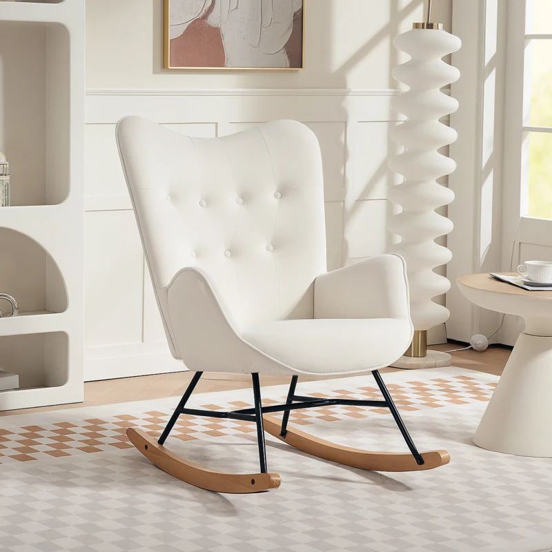 HOMCOM Rocking Chair, Modern Upholstered Velvet Armchair with Solid Wood Legs and Metal Frame for Living Room, Bedroom, Cream