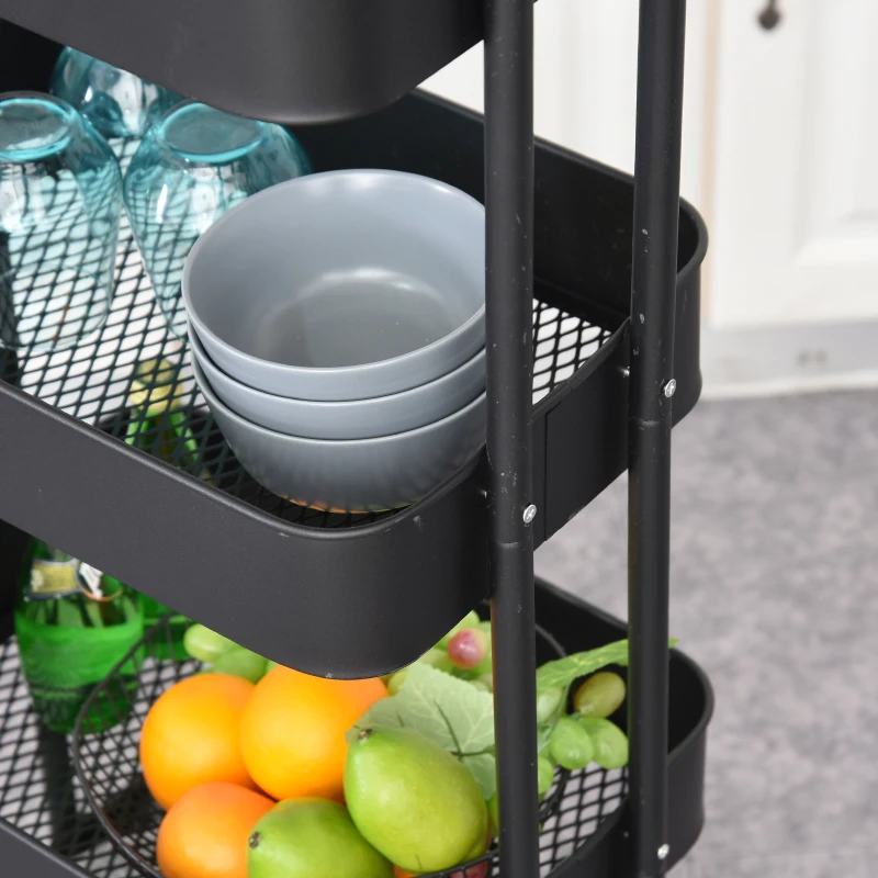 HOMCOM Metal 4-Tier Mobile Storage Serving Trolly Rolling Utility Cart Organiser Kitchen Mesh Bottom Black