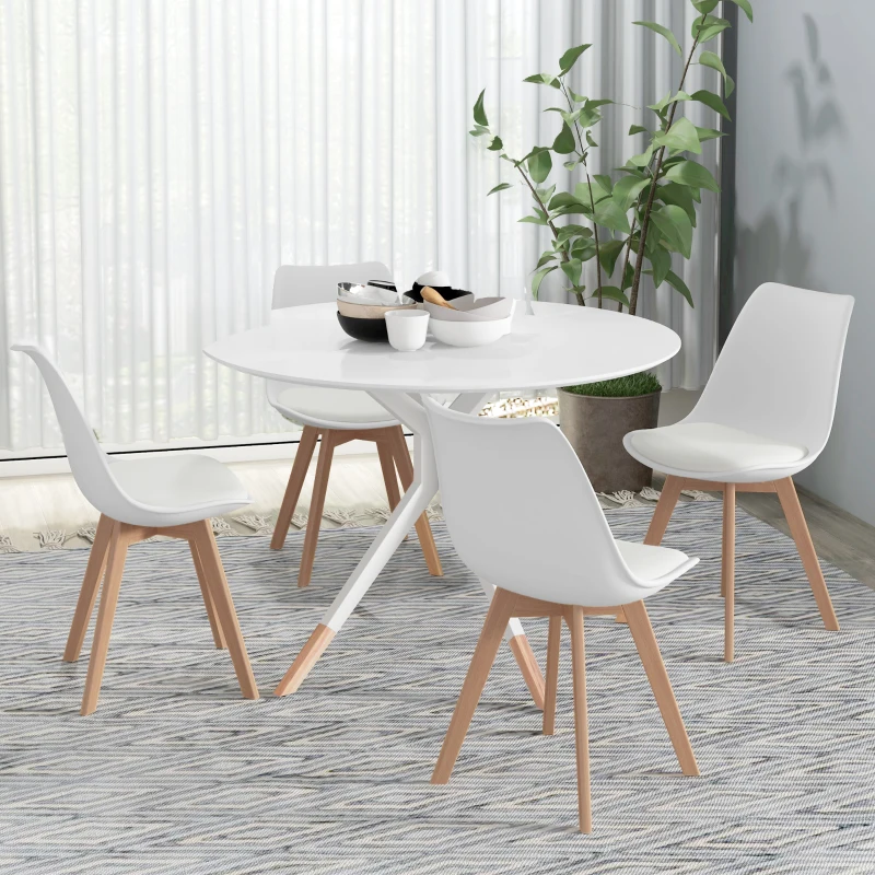 HOMCOM - Set de 4 scaune de bucătărie în stil nordic, din plastic cu picioare din lemn și pernă din piele ecologică, alb
