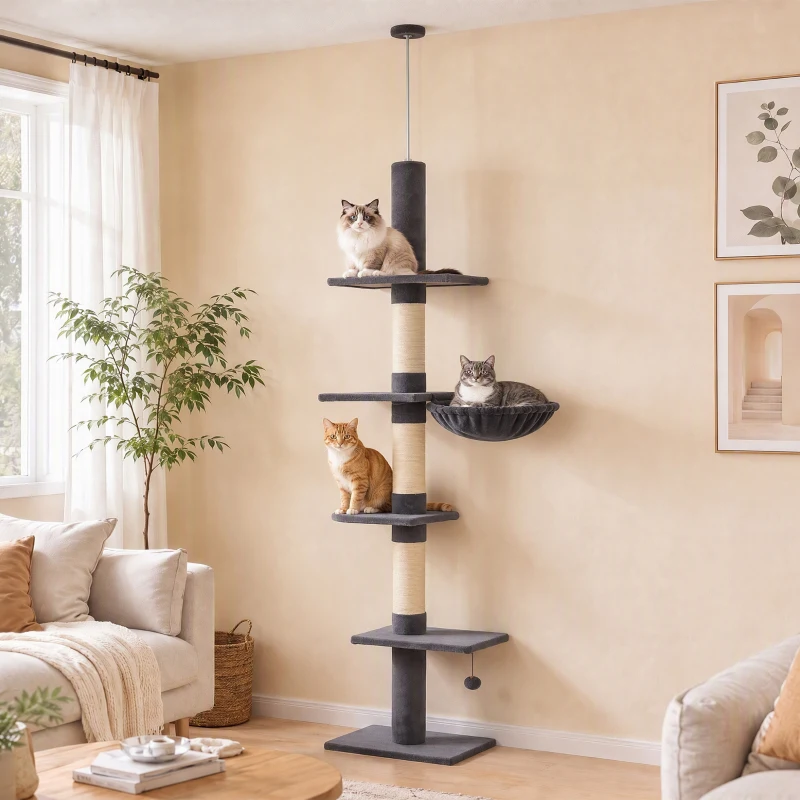 PawHut Plafondhoge krabpaal 225-255 cm, verstelbare kattenboom met 5 niveaus, 3 sisal krabpalen, hangmat en platformen