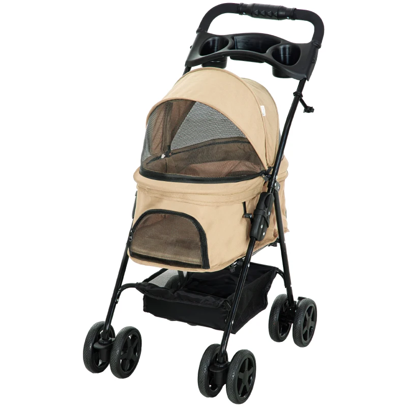 PawHut Hondenbuggy, Opvouwbaar, 2 Veiligheidslijnen, 2 Bekerhouders, 67 x 45 x 96 cm, Khaki