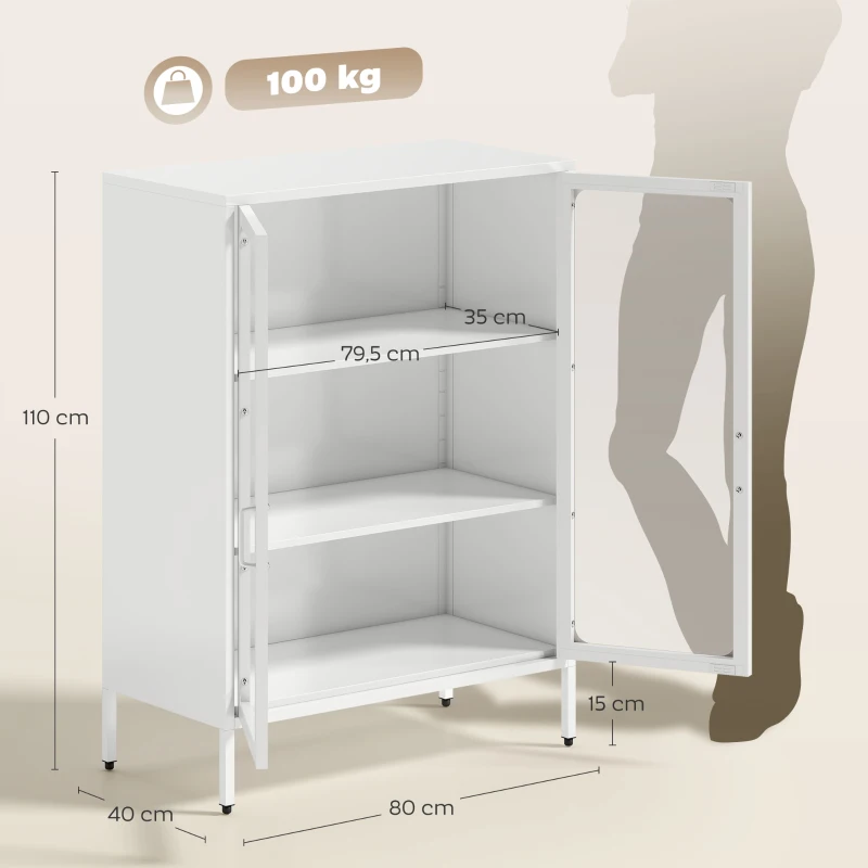 HOMCOM Armoire de bureau avec 2 portes en verre, 2 étagères réglables, meuble de rangement bureau en acier, 80x40x110cm, blanc