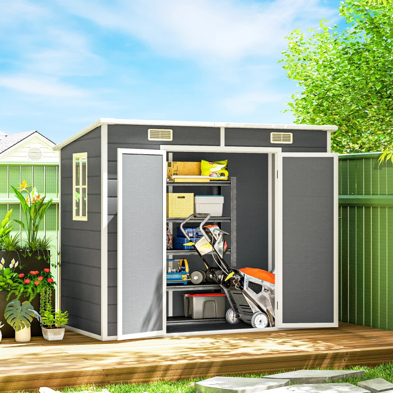 Outsunny Abri de jardin extérieur 2,4 x 1,3 m, en résine avec plancher, fenêtre, portes verrouillables et aérations, gris