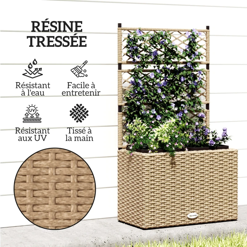 Outsunny Jardinière pour plantes avec treillis 2 bacs à plante 22L en résine tressée et acier 57 x 30 x 107 cm sable