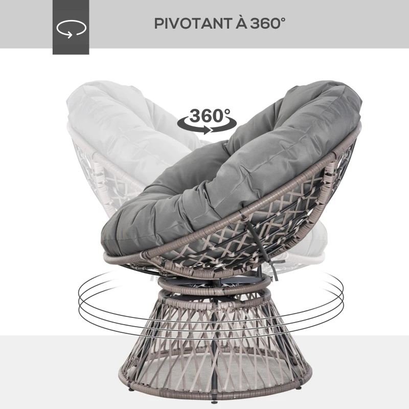 Outsunny Fauteuil rond de jardin fauteuil papasan pivotant Ø 97 x 86H cm grand coussin fourni polyester résine tressée
