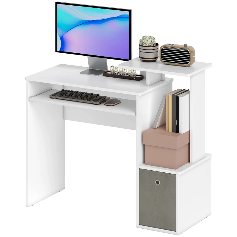 HOMCOM Scrivania Moderna per PC con Mensola Porta Tastiera, Ripiano e Cassetto in Tessuto, in Legno, 100x40x86.6cm, Bianco
